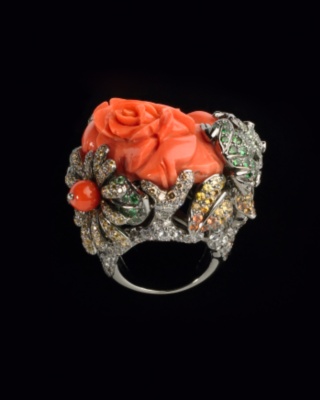 Coral Diamond Flower Ring